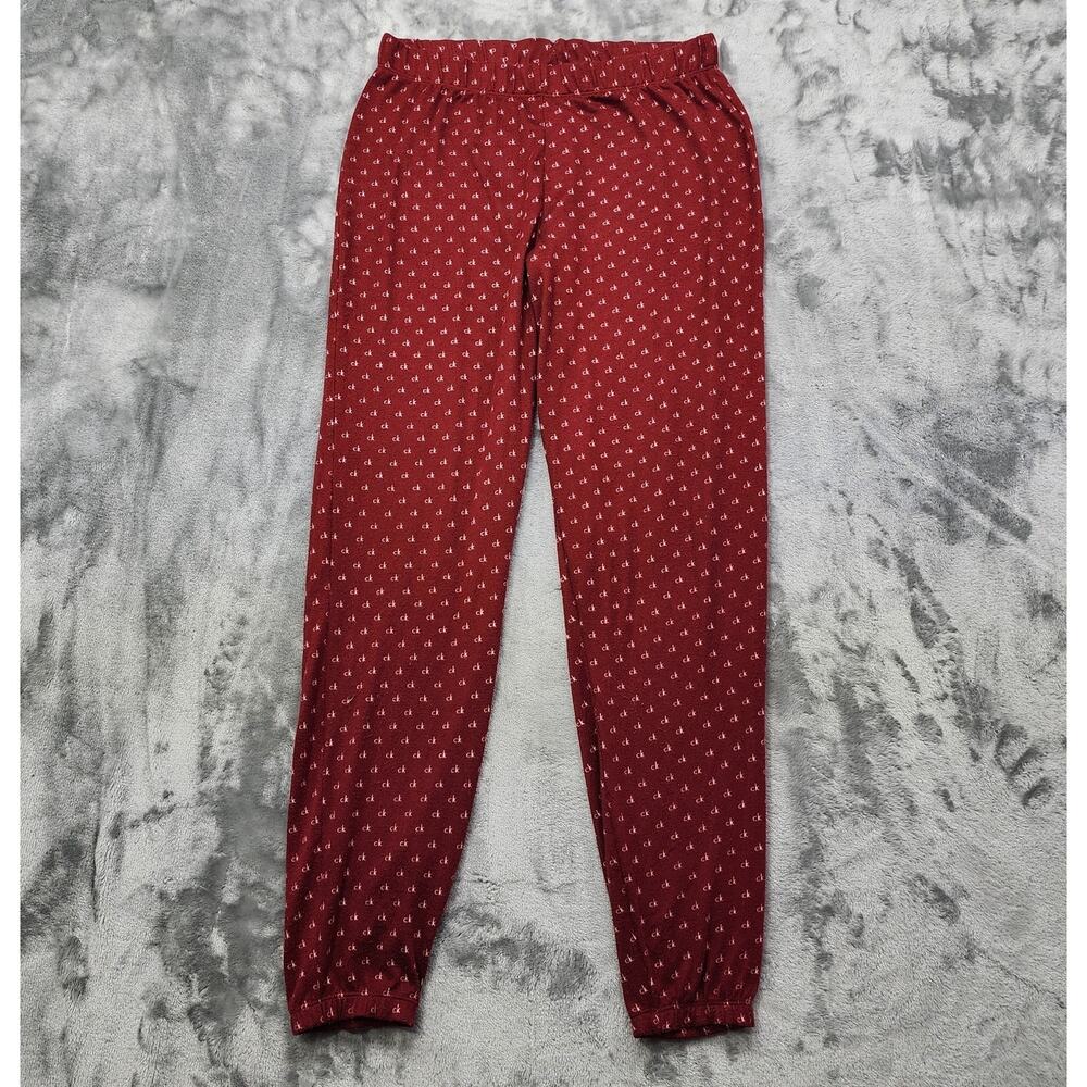Calvin Klein Pajama Pants Womens M Red White All Over‎ Logo Fleece Jogger Lounge